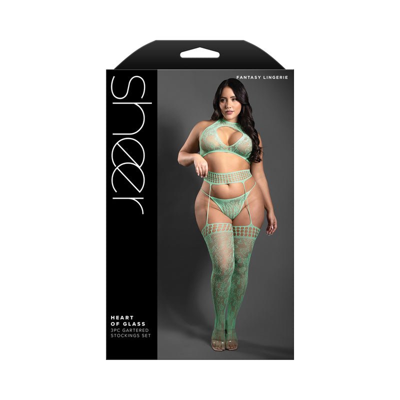 Fantasy Lingerie Sheer Heart Of Glass Lace Knit Halter Tie Top, G - String & Gartered Stockings Seaglass Green Queen Size - Royal Sins