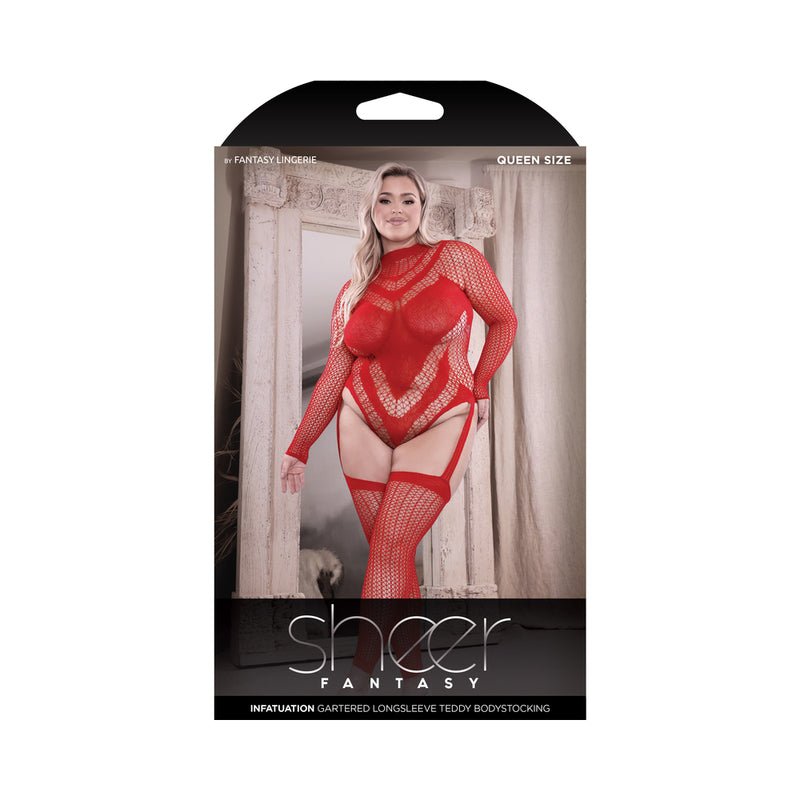 Fantasy Lingerie Sheer Infatuation Open Back Longsleeve Teddy Bodystocking Red Queen Size - Royal Sins