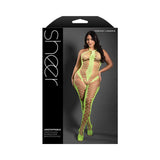 Fantasy Lingerie Sheer Unstoppable Crotchless Rhinestone Knit Halter Bodystocking Neon Green Queen Size - Royal Sins