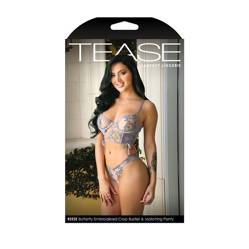 Fantasy Lingerie Tease Reese Butterfly Embroidered Mesh Bustier Top With Ribbon Lace - Up Detail & Matching Panty With Keyhole Cutout Detail Periwinkle Dust L/XL - Royal Sins