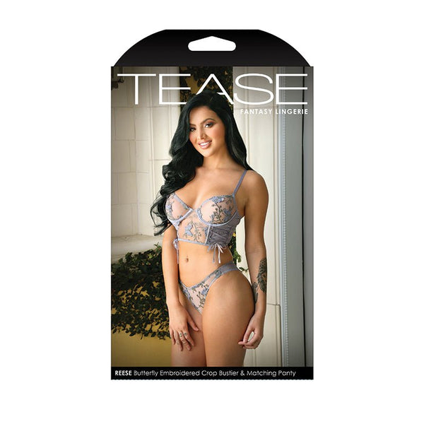 Fantasy Lingerie Tease Reese Butterfly Embroidered Mesh Bustier Top With Ribbon Lace - Up Detail & Matching Panty With Keyhole Cutout Detail Periwinkle Dust S/M - Royal Sins