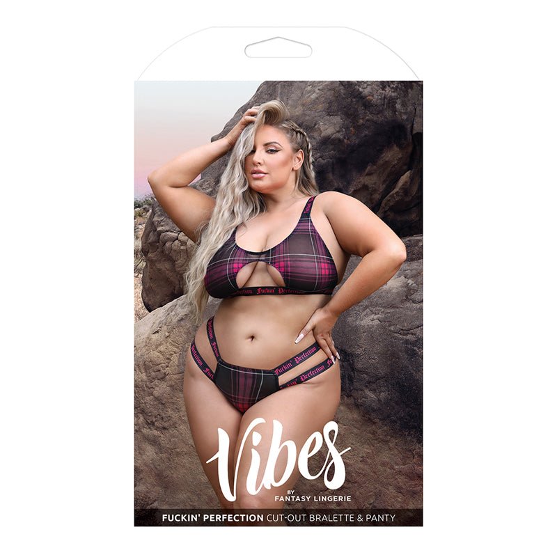 Fantasy Lingerie Vibes Fuckin' Perfection Plaid Mesh Cut Out Bralette & Panty Black Queen Size - Royal Sins