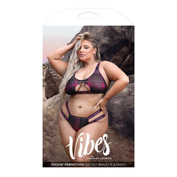 Fantasy Lingerie Vibes Fuckin' Perfection Plaid Mesh Cut Out Bralette & Panty Black Queen Size - Royal Sins