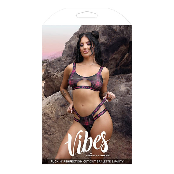 Fantasy Lingerie Vibes Fuckin' Perfection Plaid Mesh Cut Out Bralette & Panty Black S/M - Royal Sins