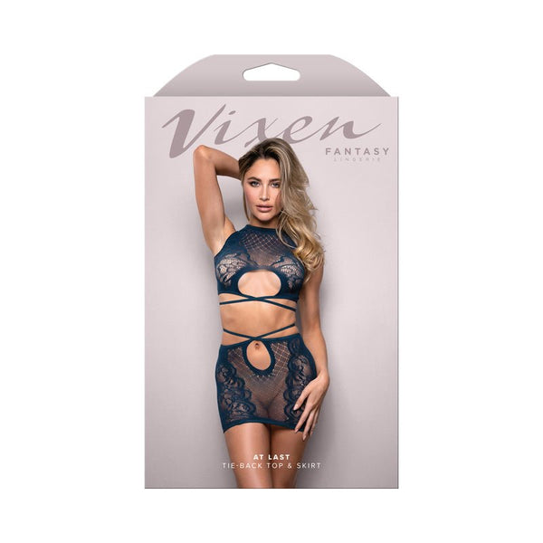 Fantasy Lingerie Vixen At Last Floral Lace Knit Tie - Back Top & Skirt Navy O/S - Royal Sins
