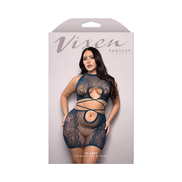 Fantasy Lingerie Vixen At Last Floral Lace Knit Tie - Back Top & Skirt Navy Queen Size - Royal Sins