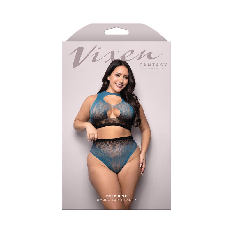 Fantasy Lingerie Vixen Deep Dive Ombre Leopard Knit Cut - Out Top & Panty Black/Blue Queen Size - Royal Sins