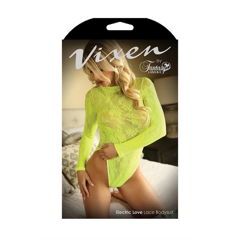 Fantasy Lingerie Vixen Electric Love Long Sleeve Lace Bodysuit Neon Yellow O/S - Royal Sins