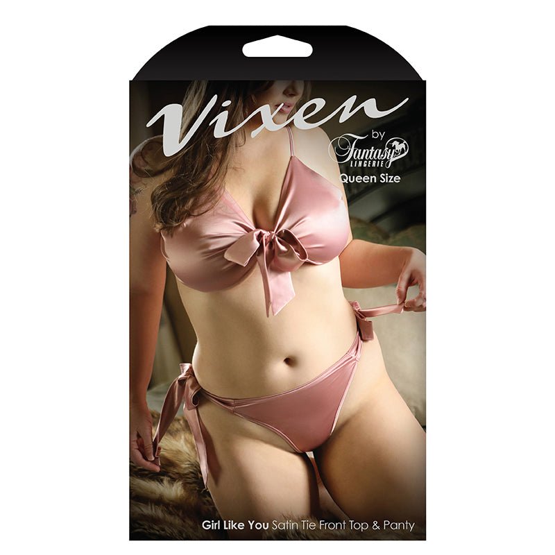 Fantasy Lingerie Vixen Girl Like You Satin Tie Front Top & Side Tie Panty Light Pink Queen Size - Royal Sins