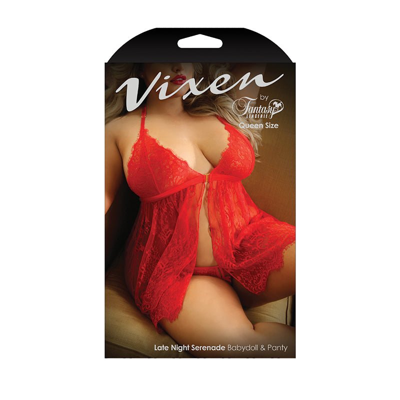 Fantasy Lingerie Vixen Late Night Serenade Front Clasp Lace Babydoll & Crotchless G - String Panty Red Queen Size - Royal Sins