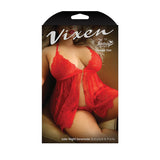Fantasy Lingerie Vixen Late Night Serenade Front Clasp Lace Babydoll & Crotchless G - String Panty Red Queen Size - Royal Sins