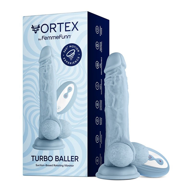 FemmeFunn Vortex Turbo Baller 2.0 8.25 in. Vibrating Rotating Dildo Light Blue - Royal Sins