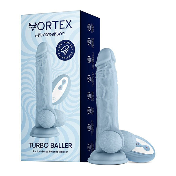 FemmeFunn Vortex Turbo Baller 2.0 8.25 in. Vibrating Rotating Dildo Light Blue - Royal Sins