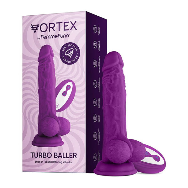 FemmeFunn Vortex Turbo Baller 2.0 8.25 in. Vibrating Rotating Dildo Purple - Royal Sins