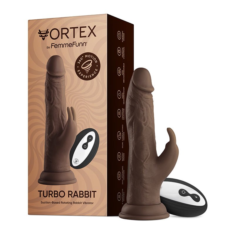 FemmeFunn Vortex Turbo Rabbit 2.0 8 in. Dual Stimulation Vibrating Dildo Brown - Royal Sins