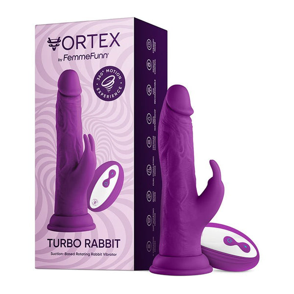 FemmeFunn Vortex Turbo Rabbit 2.0 8 in. Dual Stimulation Vibrating Dildo Purple - Royal Sins