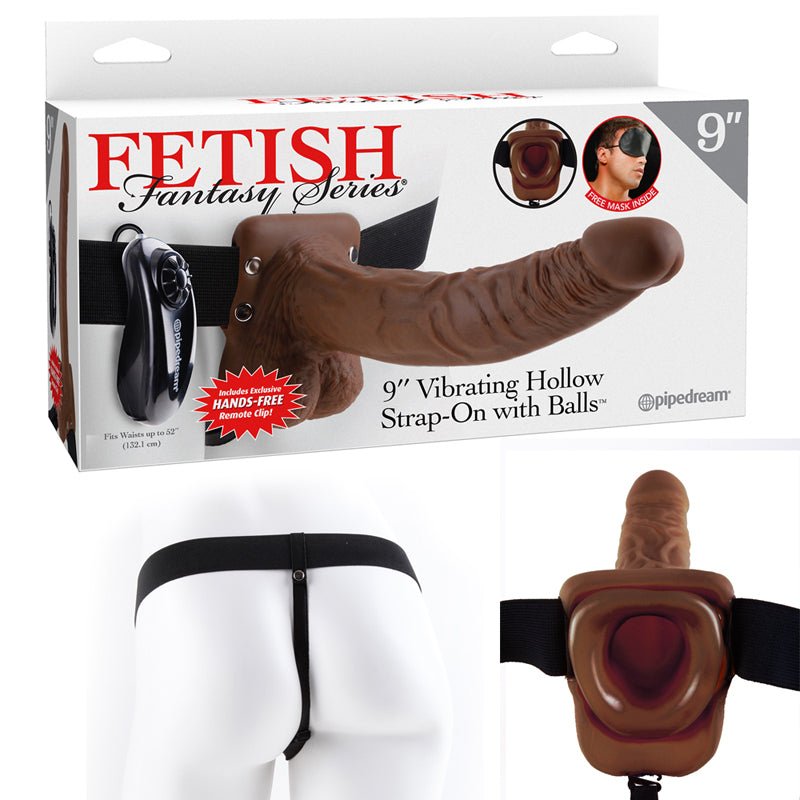 Fetish Fantasy Series 9 in. Vibrating Hollow Strap - On with Balls Brown/Black - Royal Sins