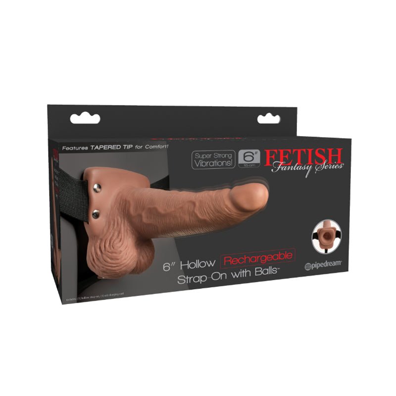 Fetish Fantasy Series Rechargeable Vibrating 6 in. Hollow Strap - On With Balls Tan/Black - Royal Sins