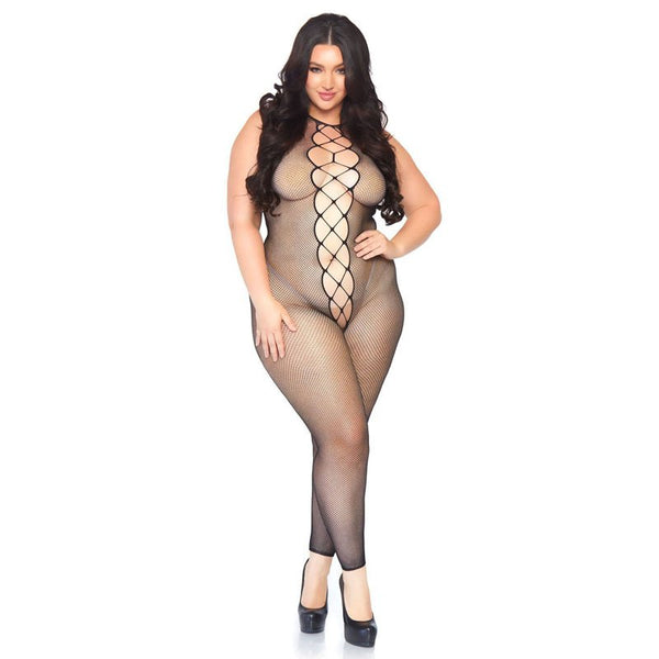 Fishnet footless bodystocking with faux back lace up. - Royal Sins