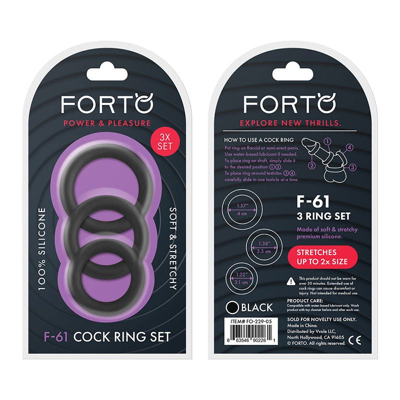 Forto F - 61 3 - Piece Silicone Cockring Set Black - Royal Sins