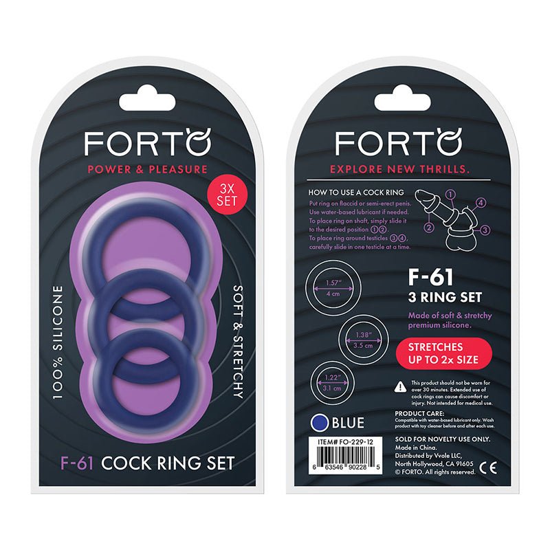Forto F - 61 3 - Piece Silicone Cockring Set Blue - Royal Sins