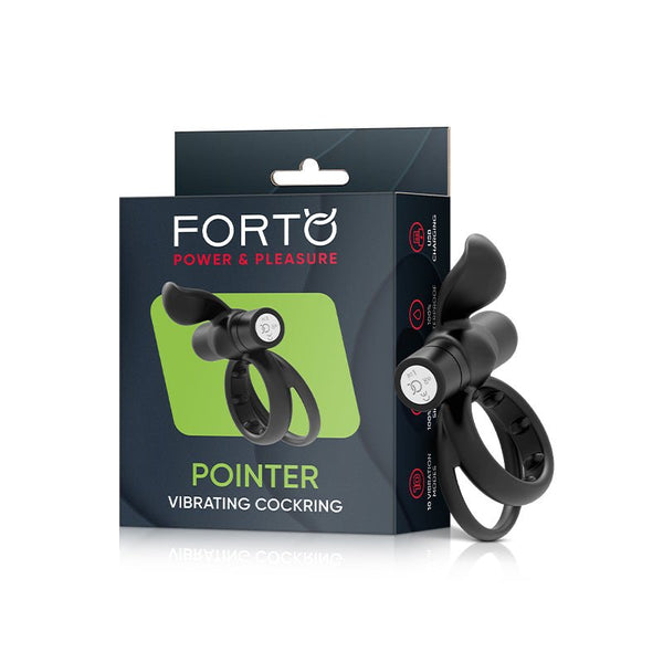 Forto Pointer Rechargeable Silicone Vibrating Dual Cockring with External Stimulator Black - Royal Sins