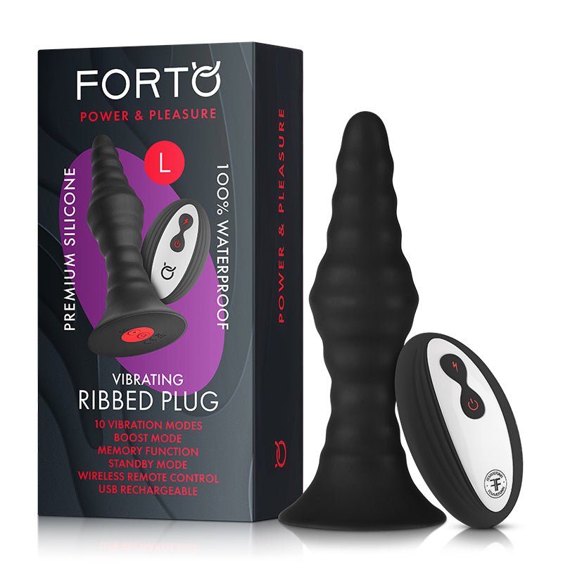 Forto Vibrating Ribbed Plug Rechargeable Remote - Controlled Silicone Anal Plug Large Black - Royal Sins