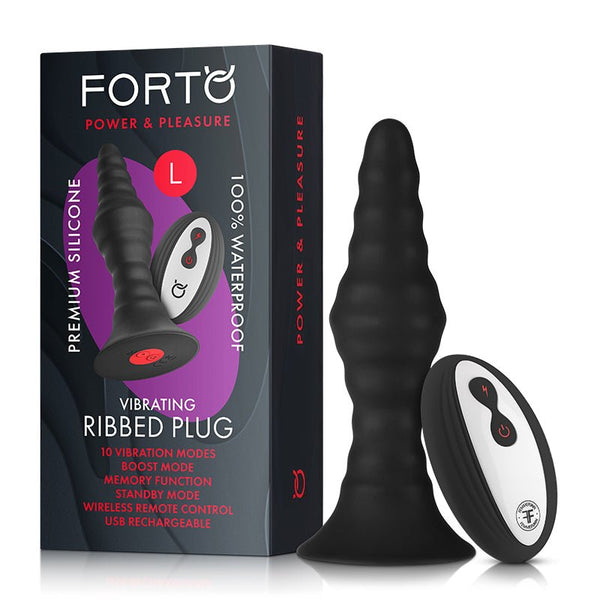 Forto Vibrating Ribbed Plug Rechargeable Remote - Controlled Silicone Anal Plug Large Black - Royal Sins