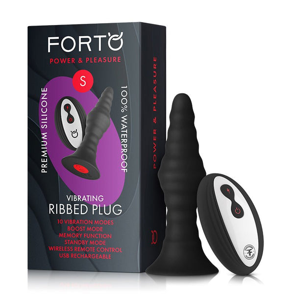 Forto Vibrating Ribbed Plug Rechargeable Remote - Controlled Silicone Anal Plug Small Black - Royal Sins