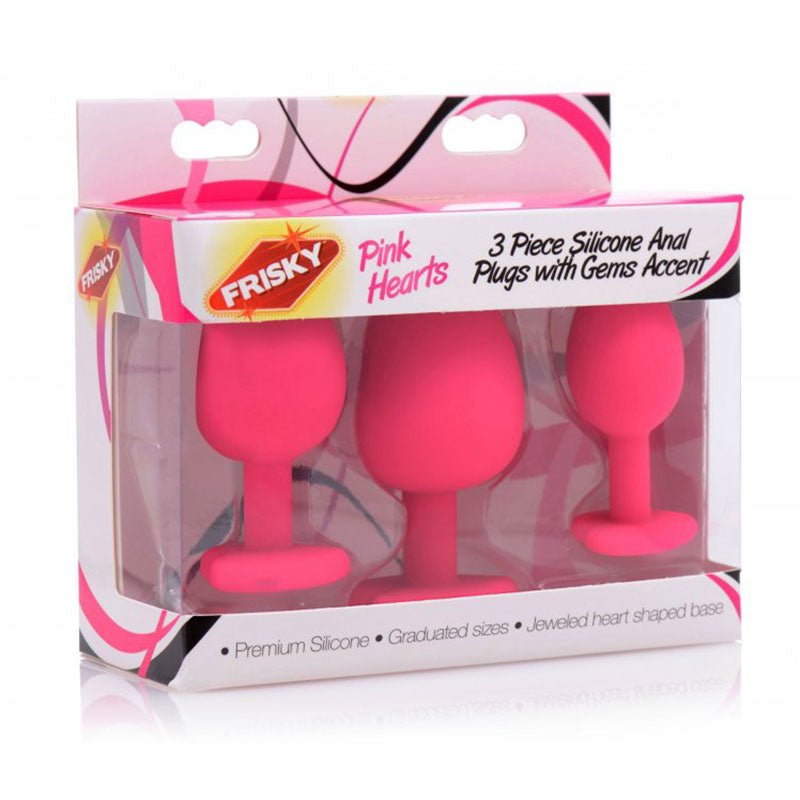 Frisky Pink Hearts 3 Piece Silicone Anal Plugs with Gem Accents - Royal Sins