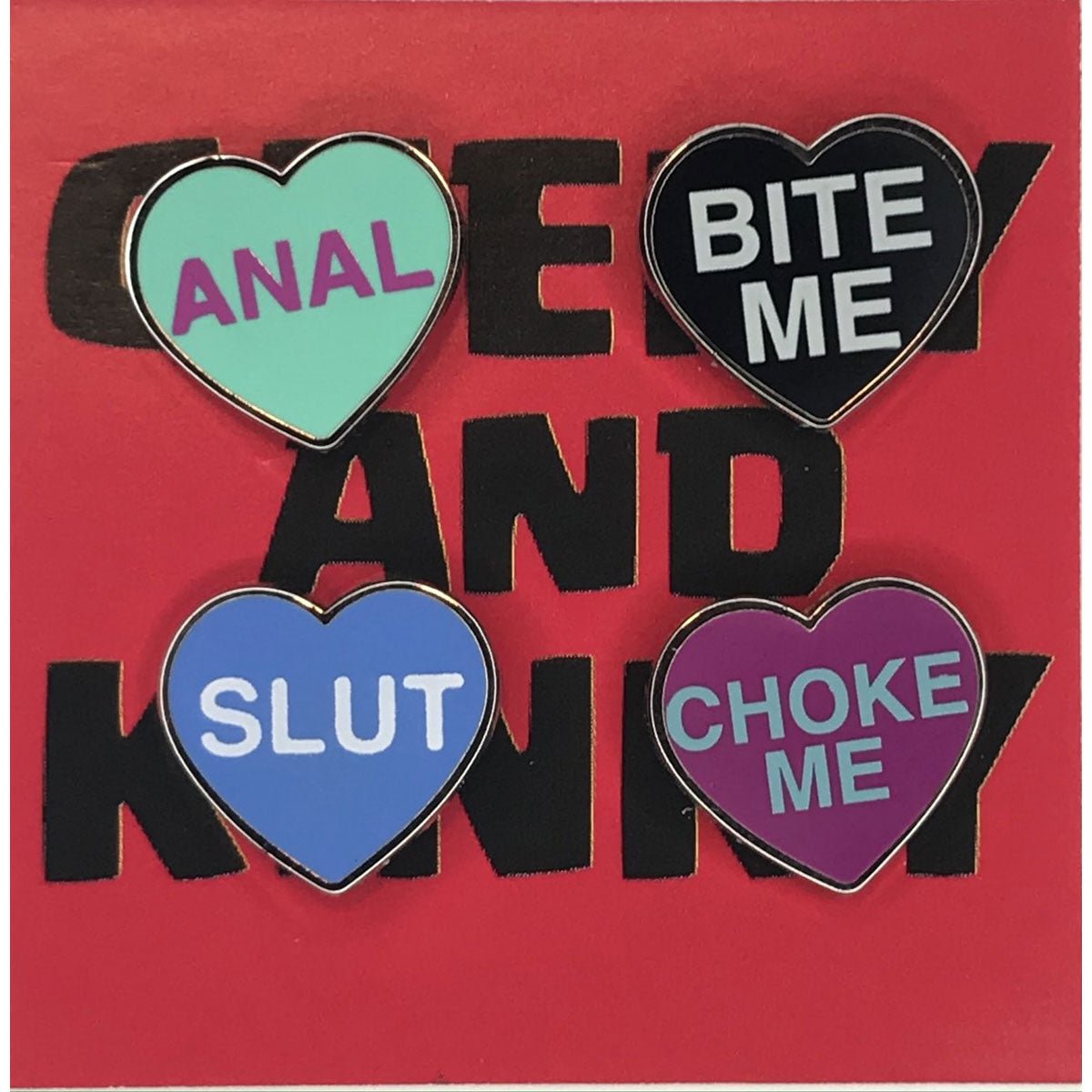 Geeky & Kinky Heart Pin 4pk (Anal - Slut - Bite Me - Choke Me) - Royal Sins