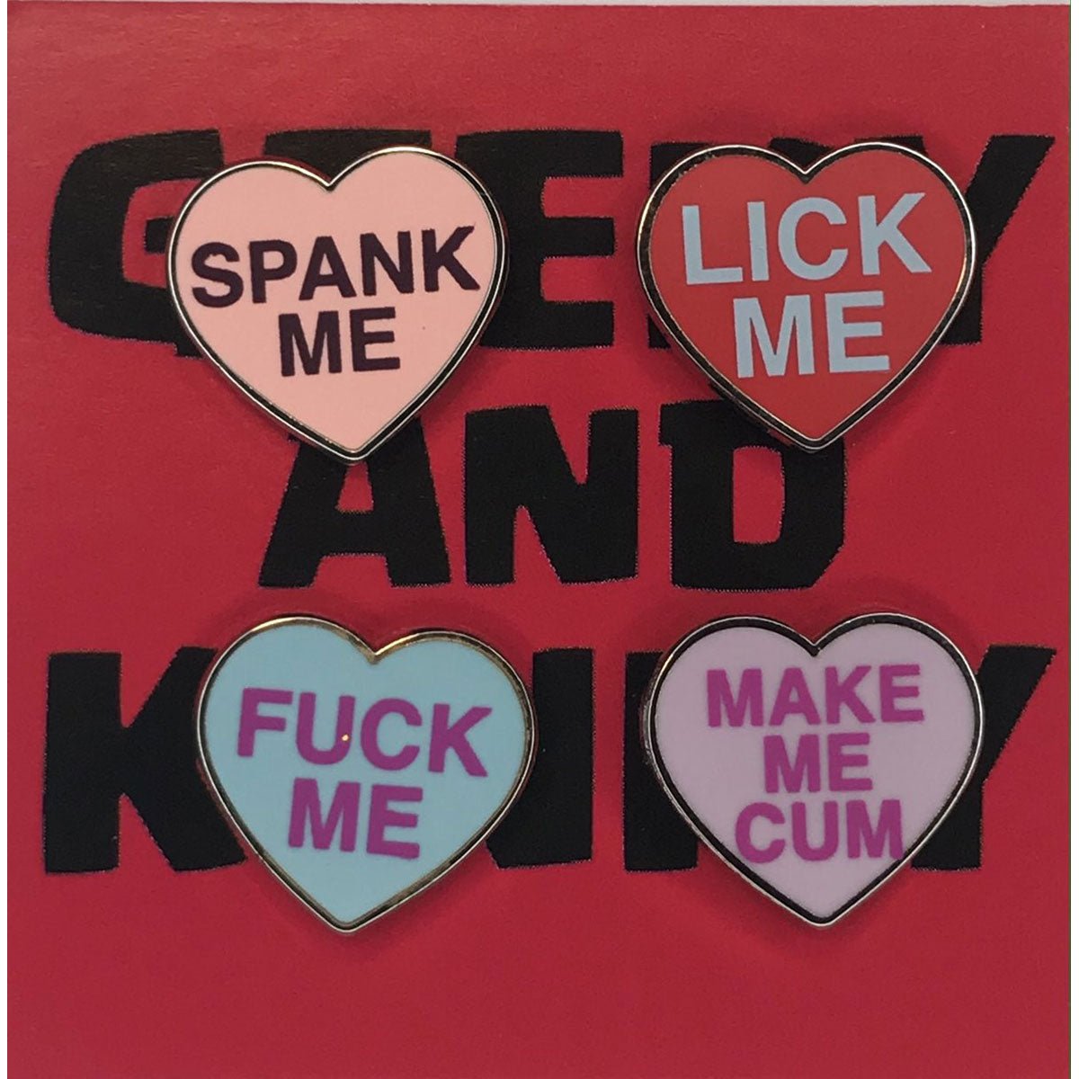 Geeky & Kinky Heart Pin 4pk (Spank Me - Lick Me - Fuck Me - Make Me Cum) - Royal Sins