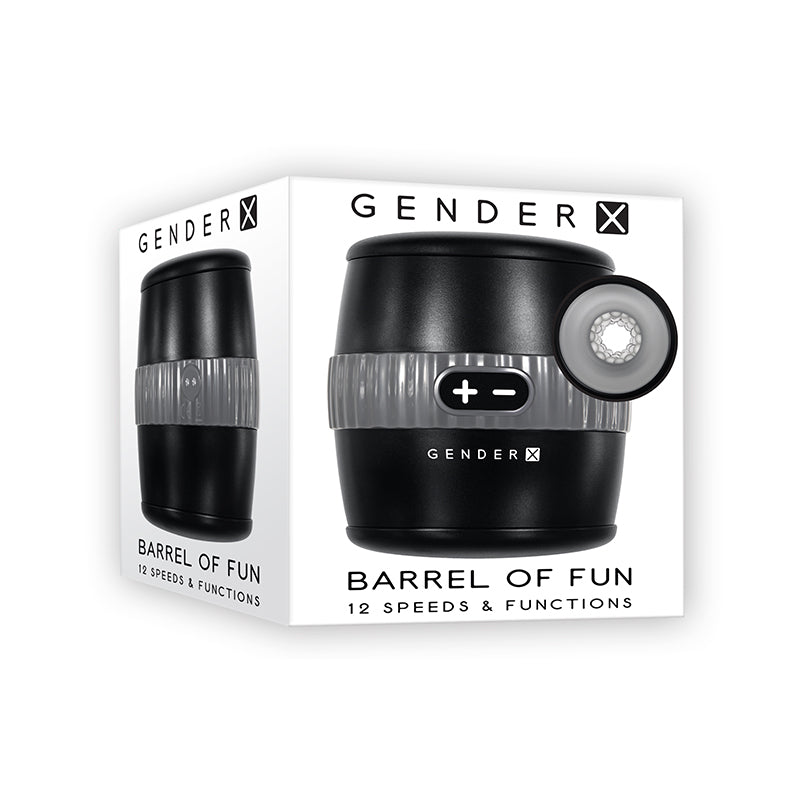 Gender X Barrel Of Fun Rechargeable Open - Ended Vibrating Stroker Black - Royal Sins