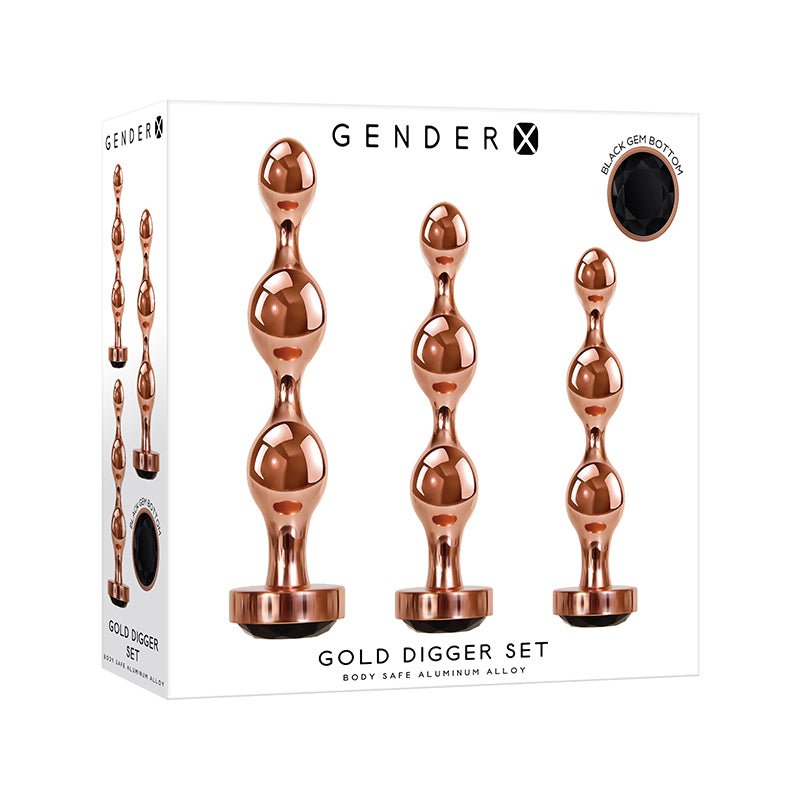 Gender X Gold Digger 3 - Piece Rose Gold Beaded Anal Plug With Black Gemstone Base Set - Royal Sins