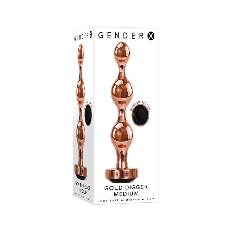 Gender X Gold Digger Rose Gold Beaded Anal Plug With Black Gemstone Base Medium - Royal Sins