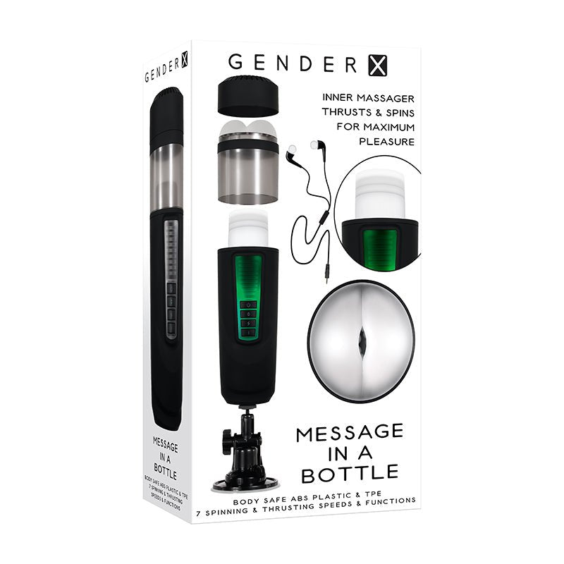 Gender X Message In A Bottle Rechargeable Thrusting Spinning Stroker with Suction Cup Base Black - Royal Sins