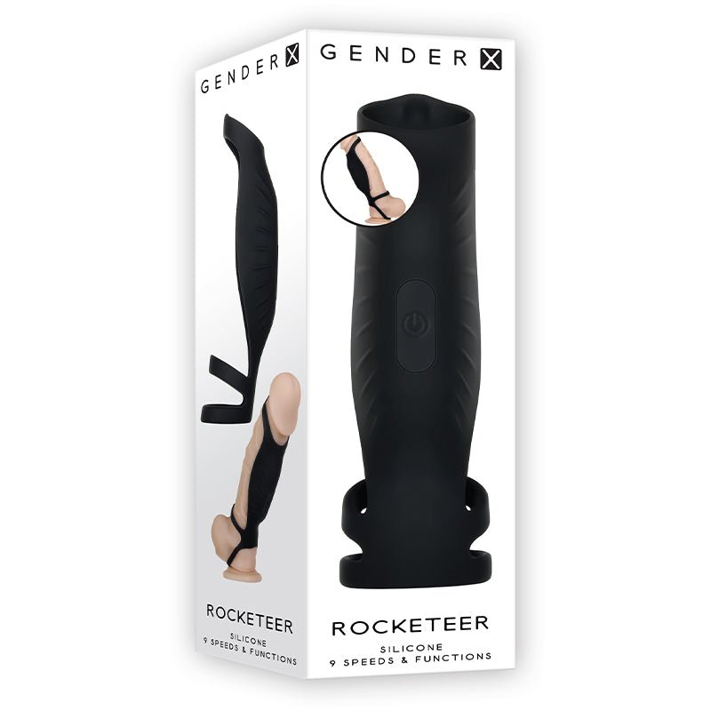 Gender X Rocketeer Rechargeable Triple - Ring Vibrating Silicone Penis Sheath Black - Royal Sins