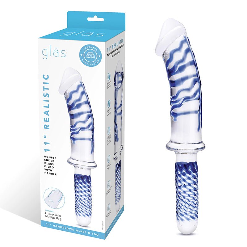 Glas 11 in. Realistic Double Ended Glass Dildo with Handle - Royal Sins