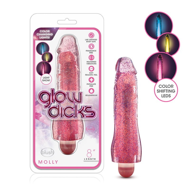 Glow Dicks Molly Color Changing 8 in. Vibrating Dildo Glitter Pink - Royal Sins