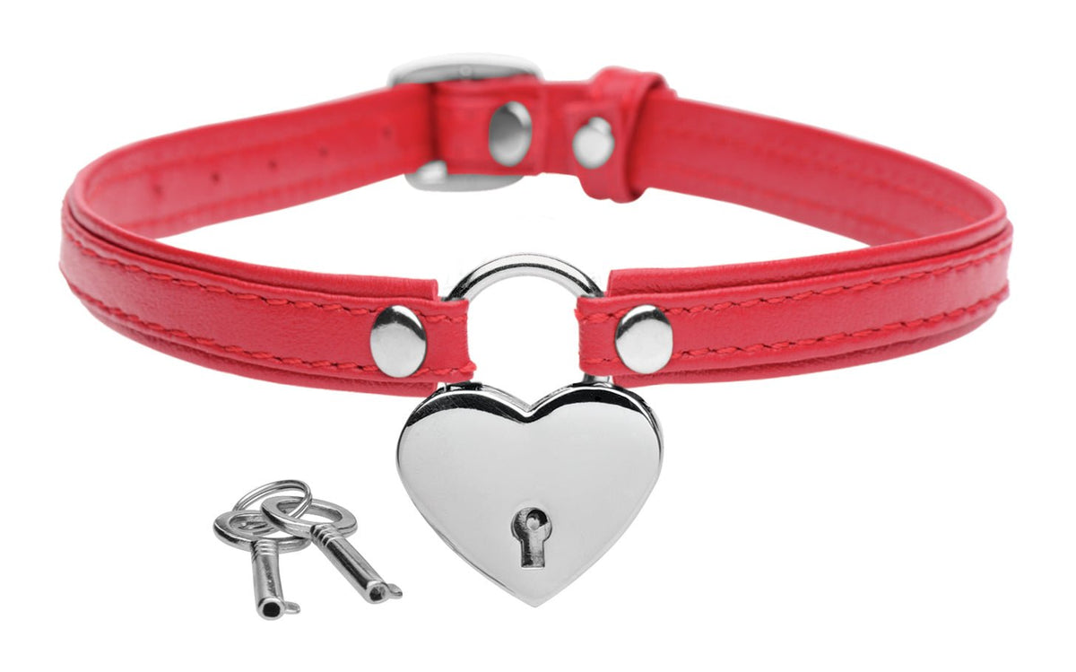 Heart Lock Leather Choker with Lock and Key - Red - Royal Sins