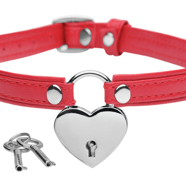 Heart Lock Leather Choker with Lock and Key - Red - Royal Sins