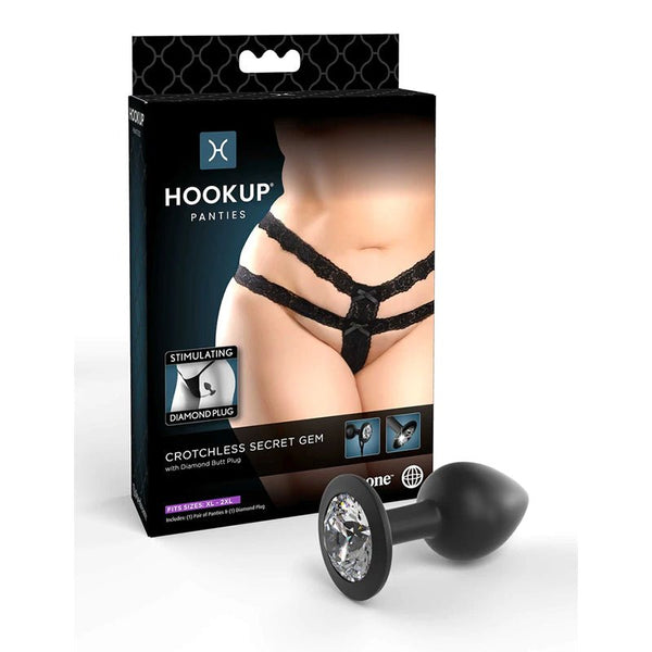 Hookup Panties Crotchless Secret Gem With Diamond Silicone Anal Plug Black XL - XXL - Royal Sins