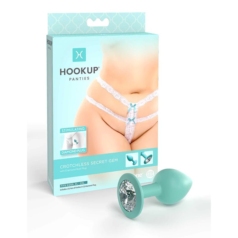 Hookup Panties Crotchless Secret Gem With Diamond Silicone Anal Plug White/Aqua XL - XXL - Royal Sins