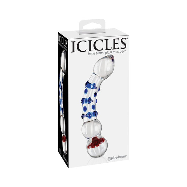 Icicles No. 18 Curved Textured 7.5 in. Glass Dildo Blue/Red/Clear - Royal Sins