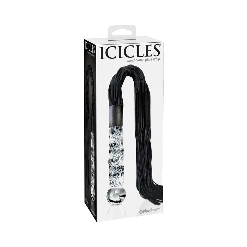 Icicles No. 38 Leather Flogger with Glass Handle Clear/Black - Royal Sins