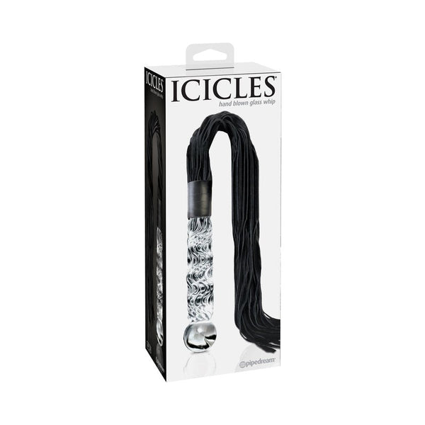 Icicles No. 38 Leather Flogger with Glass Handle Clear/Black - Royal Sins