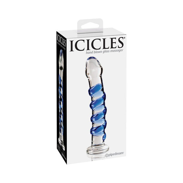 Icicles No. 5 Curved Ribbed 7 in. Glass Dildo Blue/Clear - Royal Sins