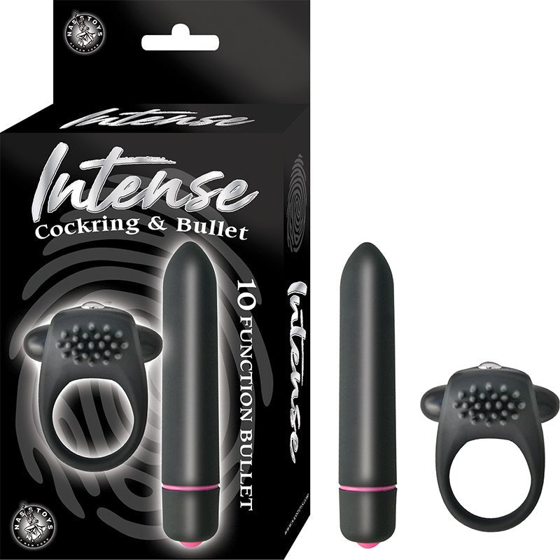 Intense Cockring And Bullet 10 Function Bullet Waterproof Black - Royal Sins