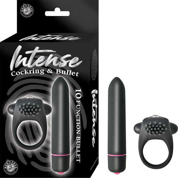 Intense Cockring And Bullet 10 Function Bullet Waterproof Black - Royal Sins