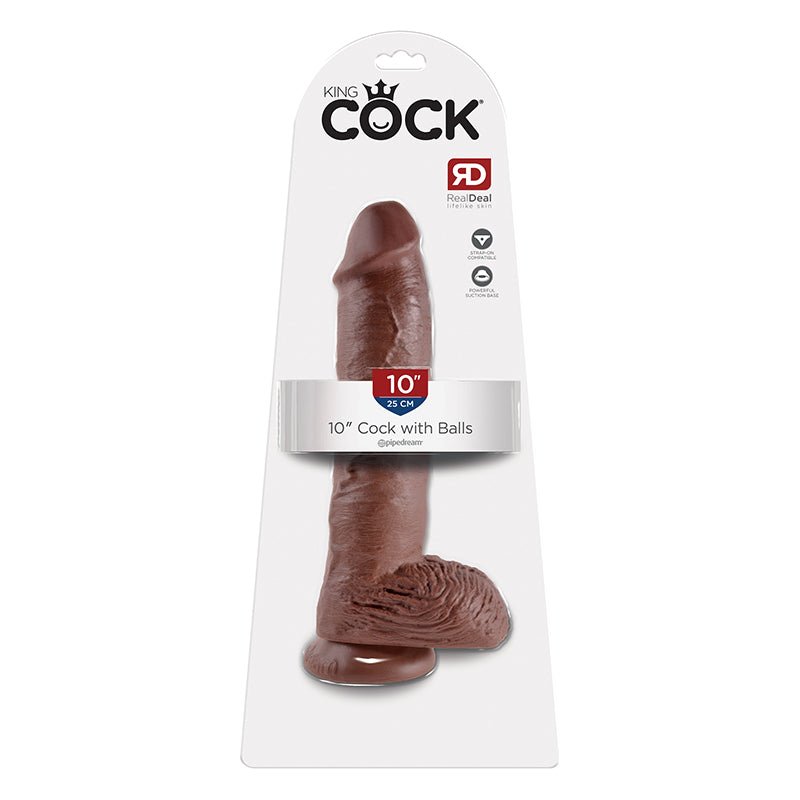 King Cock 10 in. Cock With Balls Realistic Suction Cup Dildo Brown - Royal Sins
